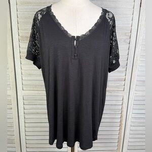 TORRID Black Super Soft Slub V Neck Lace Sleeve Raglan Henley T-Shirt-1X